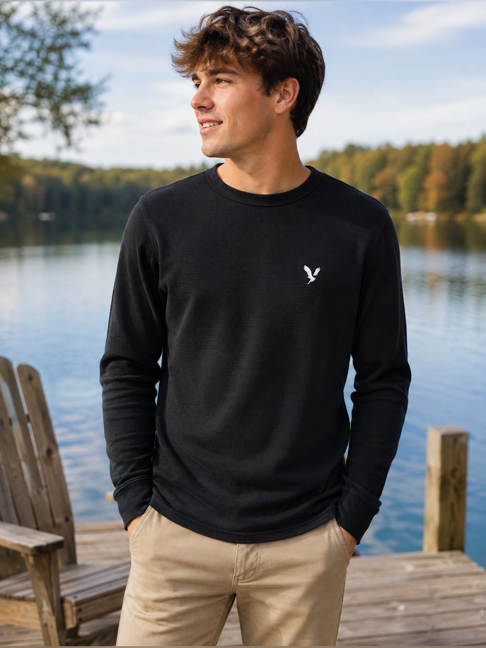 American Eagle Outfitters Black Long-Sleeve Crewneck Waffle Tee
